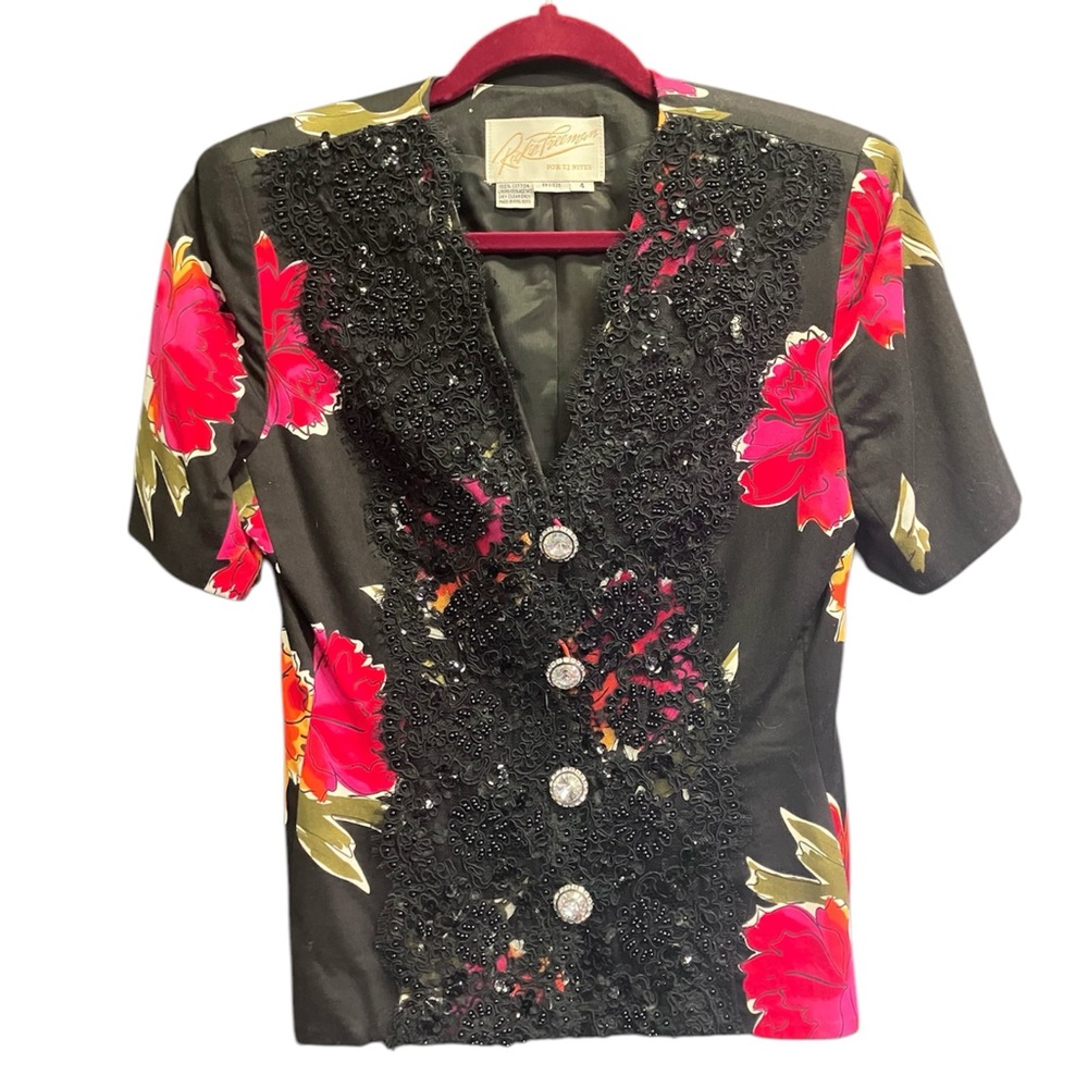 Vtg 90s Ricki Freeman TJ Nites Black Floral Beaded Blazer Big Button 4